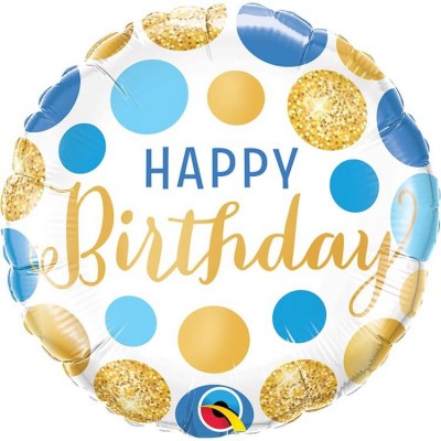 "Happy Birthday" горошек синий и золотой, 46 см